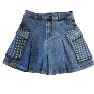 Flare Denim Rhinestone Skirt